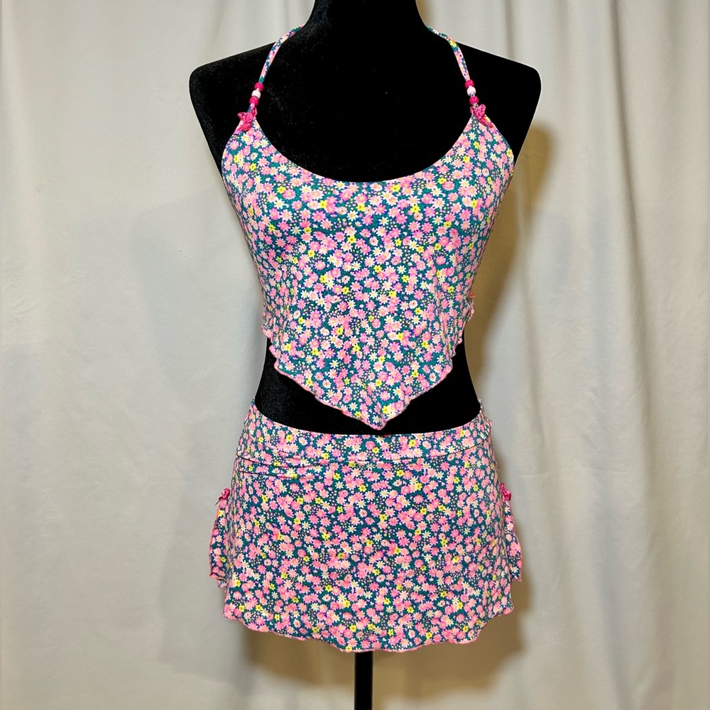 Pink Flowery Exotic Dancer Costume with Top, Skirt, Matching Thong.